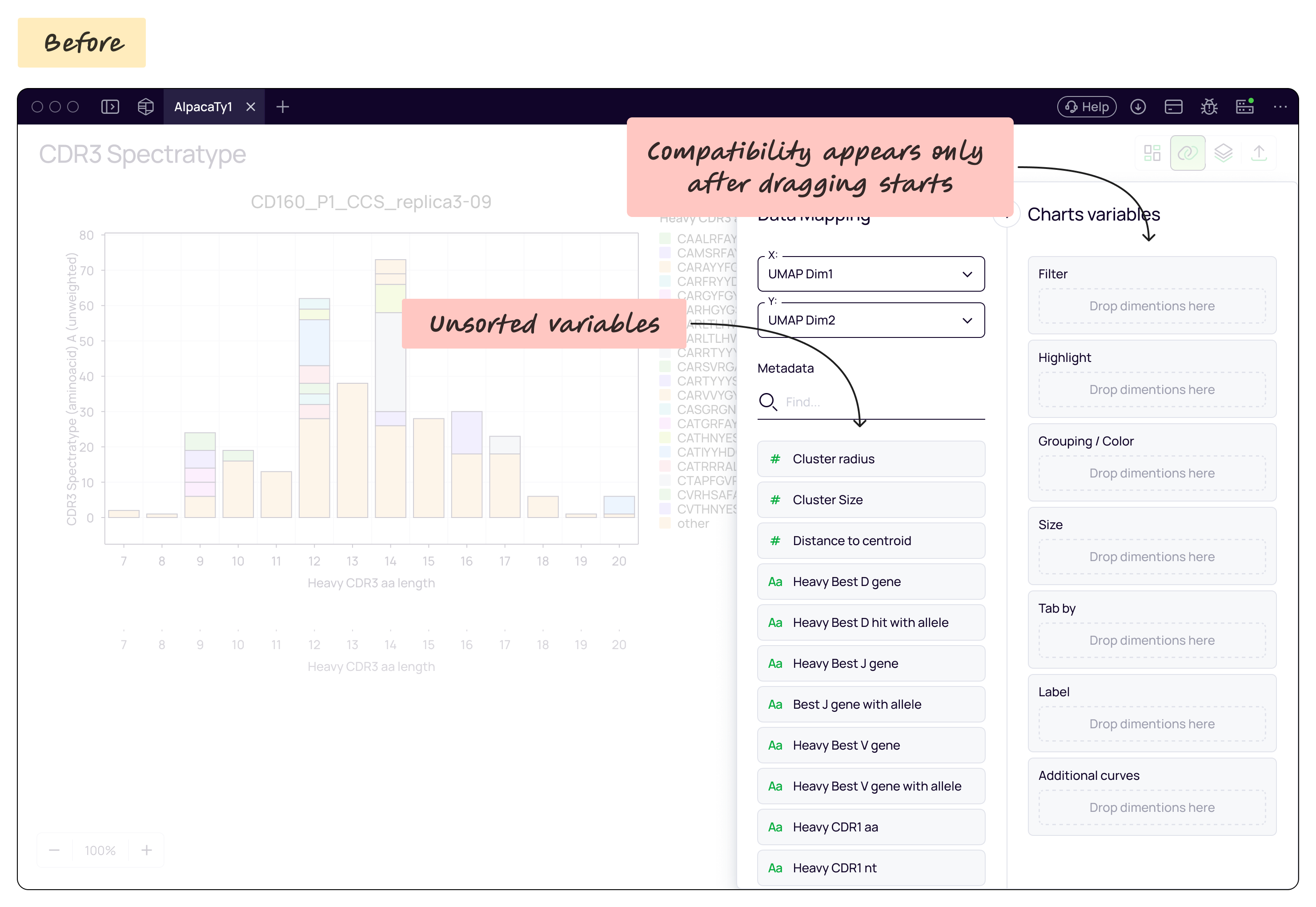 Original data-mapping interface with an unsorted metadata list and delayed compatibility feedback