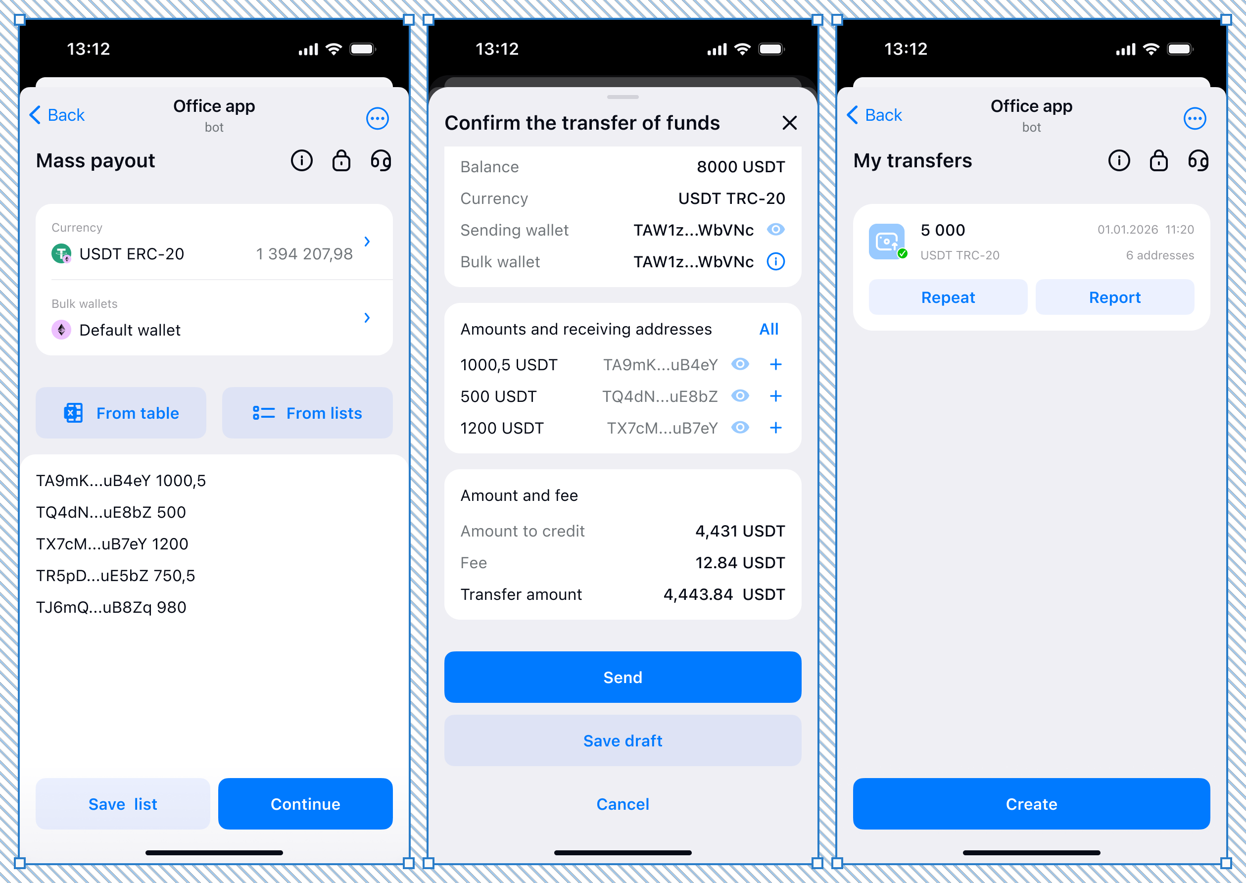 Mass payout preparation, transfer confirmation, and completed payout in transfer history