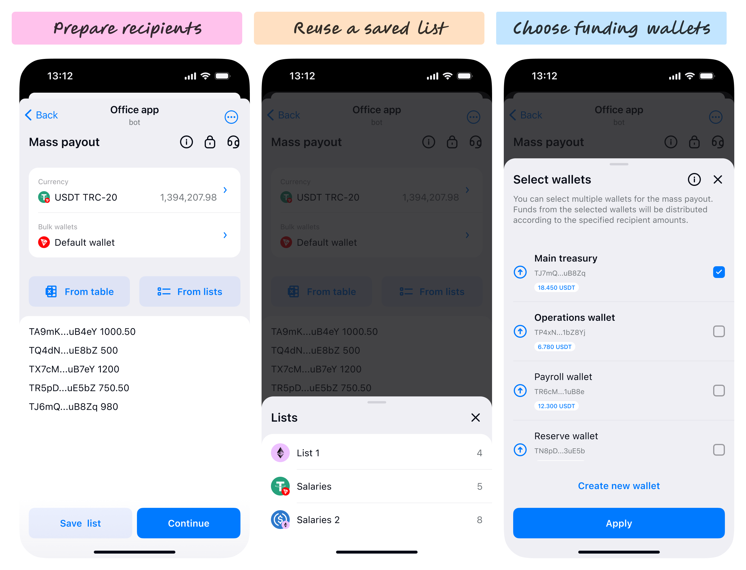 Contextual bottom sheets for payout settings and source-wallet selection