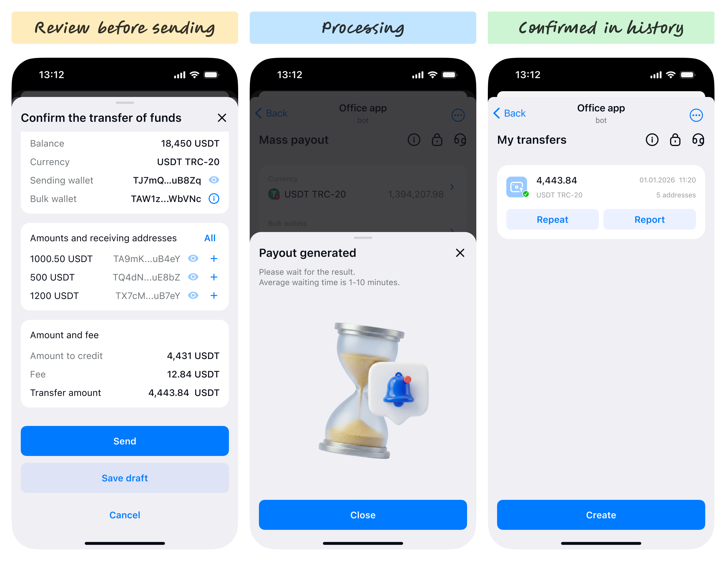 Payout review, blockchain processing, and transfer-history results